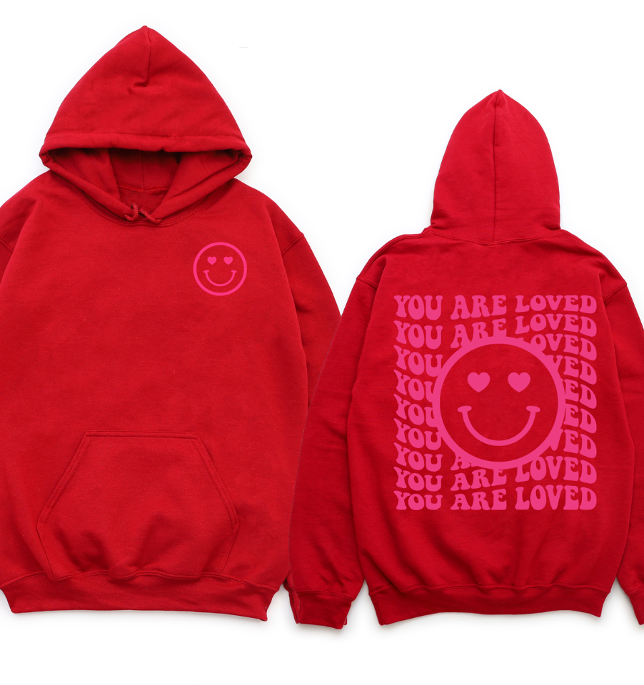 You are Loved' Happy Face Hoodie - Red with Neon Pink – The Shop Forward