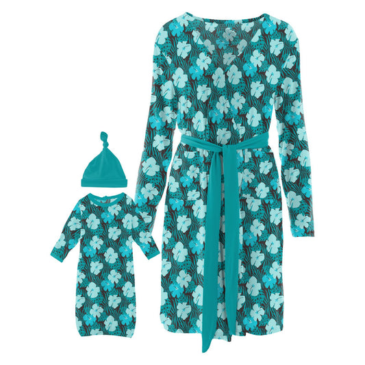 KicKee Pants Women's Print Maternity/Nursing Robe & Layette Gown Set -  Heather Mist Night Sky Bear, M