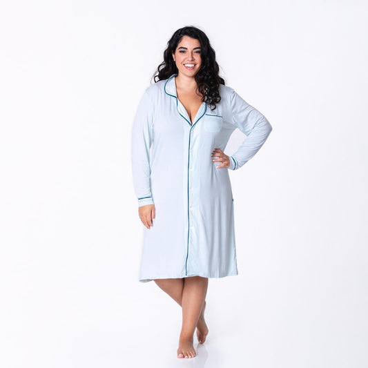 Women's Long Sleeve Button-Down Nightshirt in Natural with Midnight