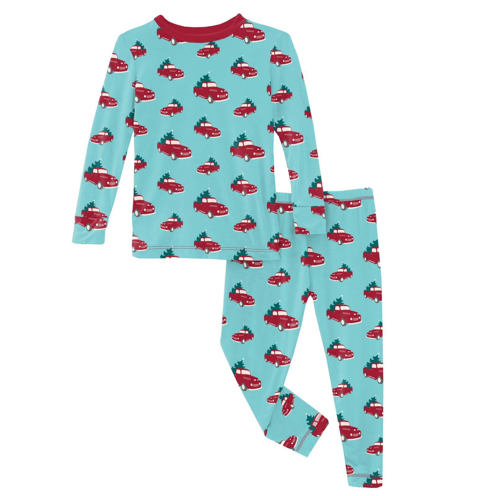 Print Long Sleeve Pajama Set in Iceberg Trucks and Trees