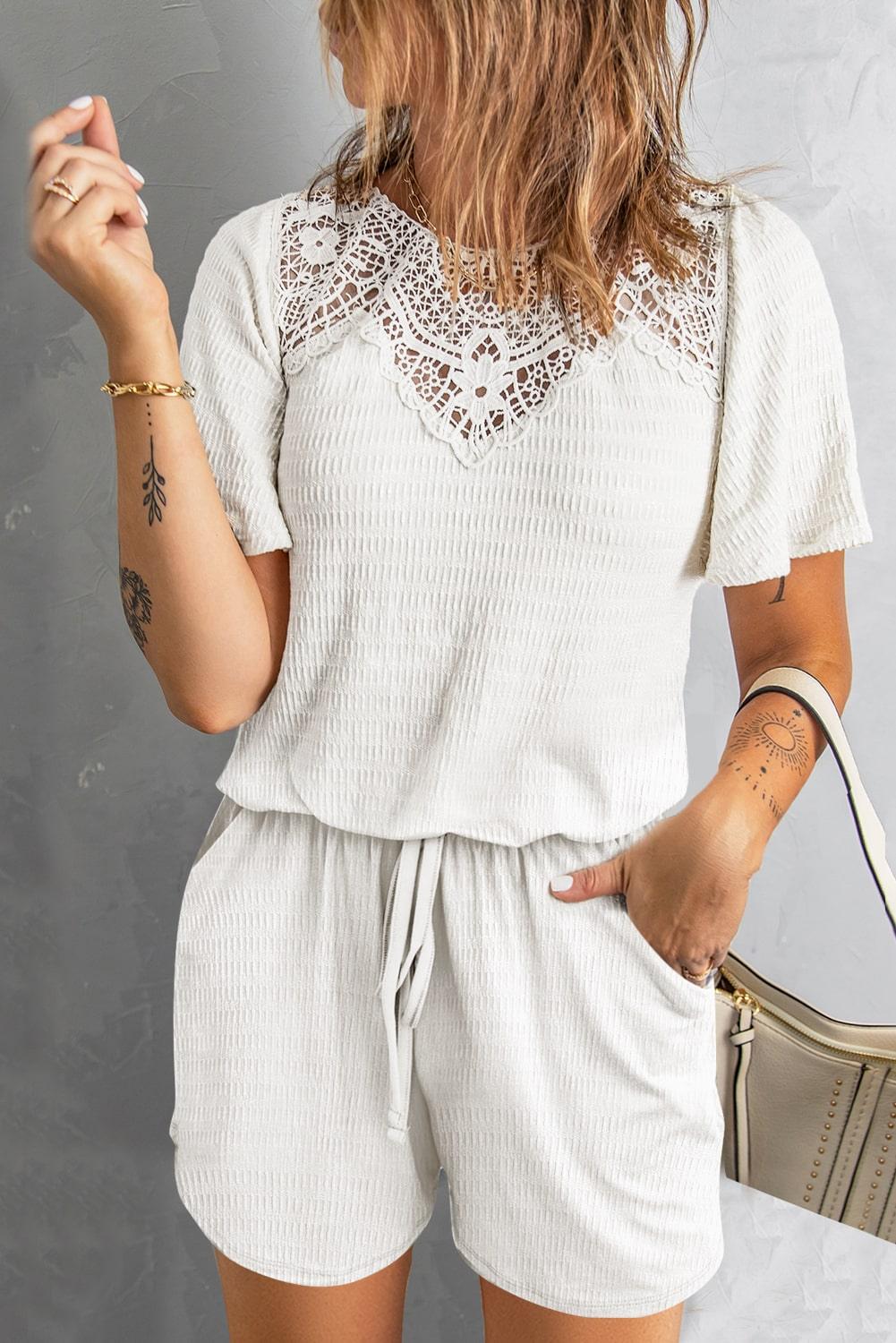 Spliced Lace Textured Round Neck Romper - Rico Goods by Rico Suarez