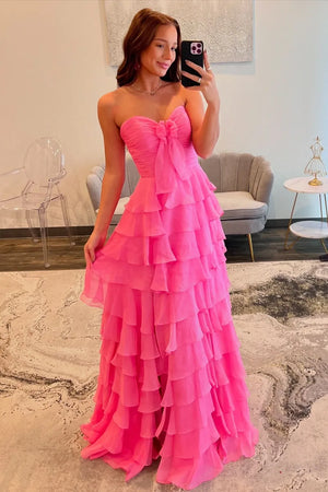 Cute A-Line Sweetheart Zipper Back Tiered Chiffon Prom Dress With Slit - Luuvis