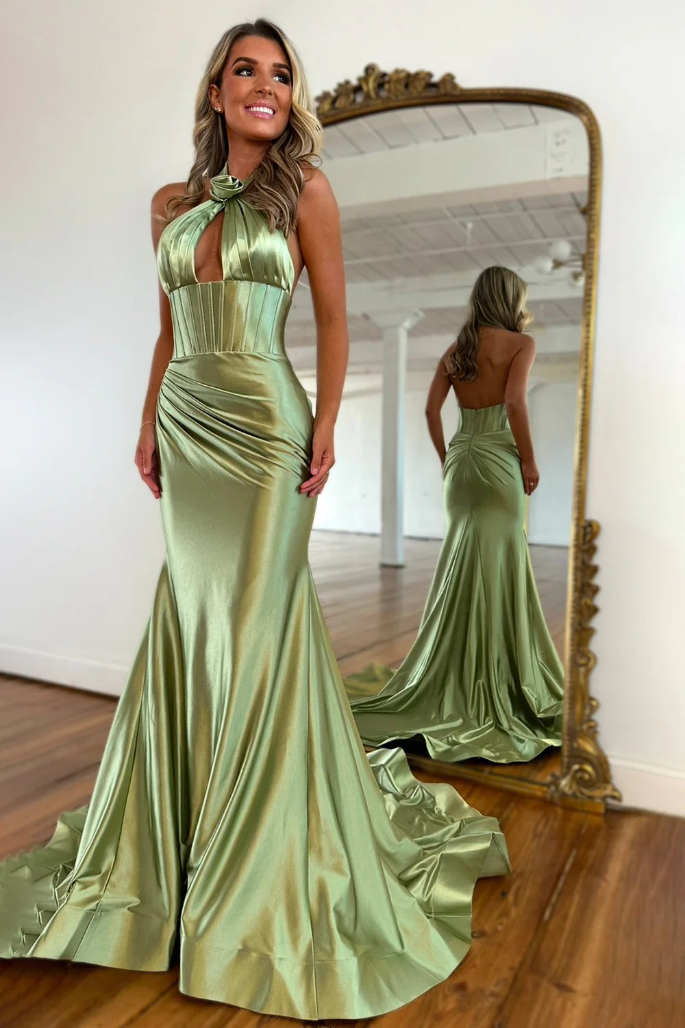 Sweet Mermaid Halter Neck Backless Long Satin Prom Dress