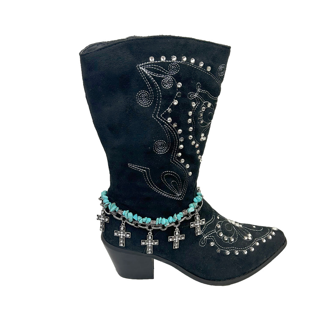 BOT130101-65N 15 Inches long silver metal chain and blue turquoise stone with cross boot chain
