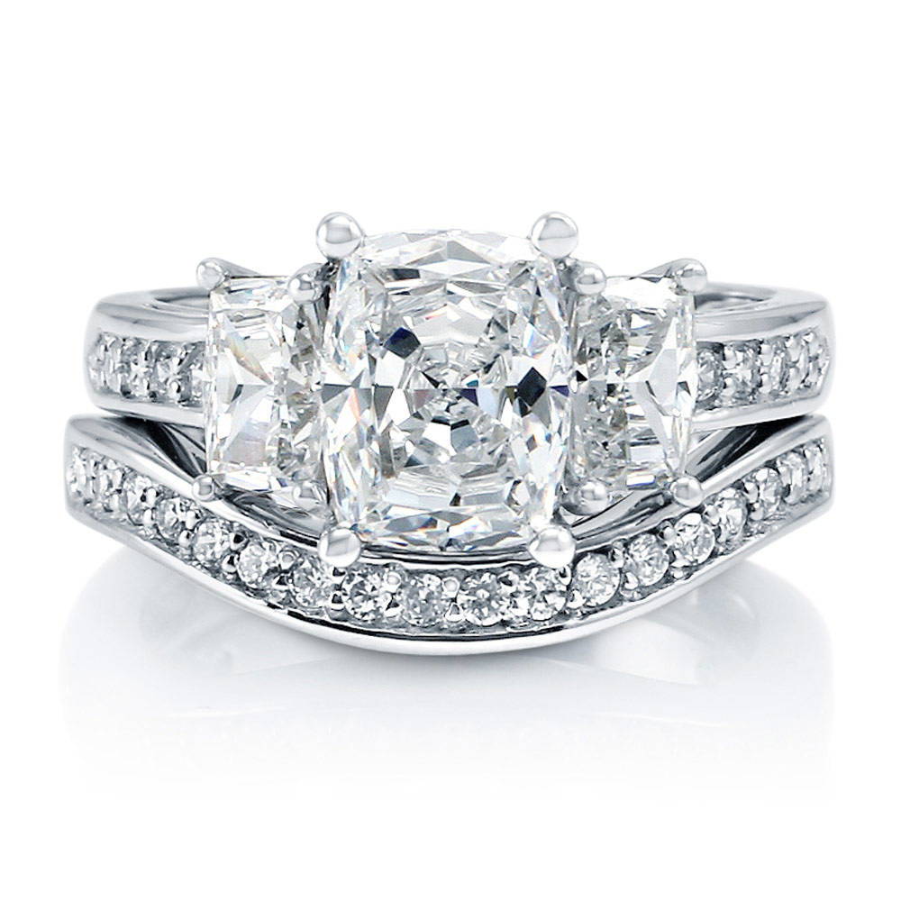 Sterling Silver 3-Stone 7-Stone Cushion CZ Wedding Engagement Ring