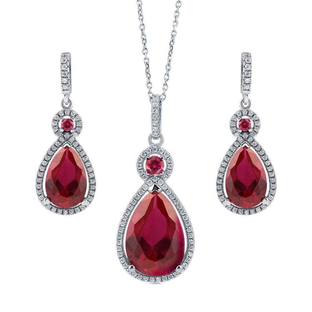 Sterling Silver Halo Simulated Ruby Pear CZ Fashion Set #VS176 – BERRICLE