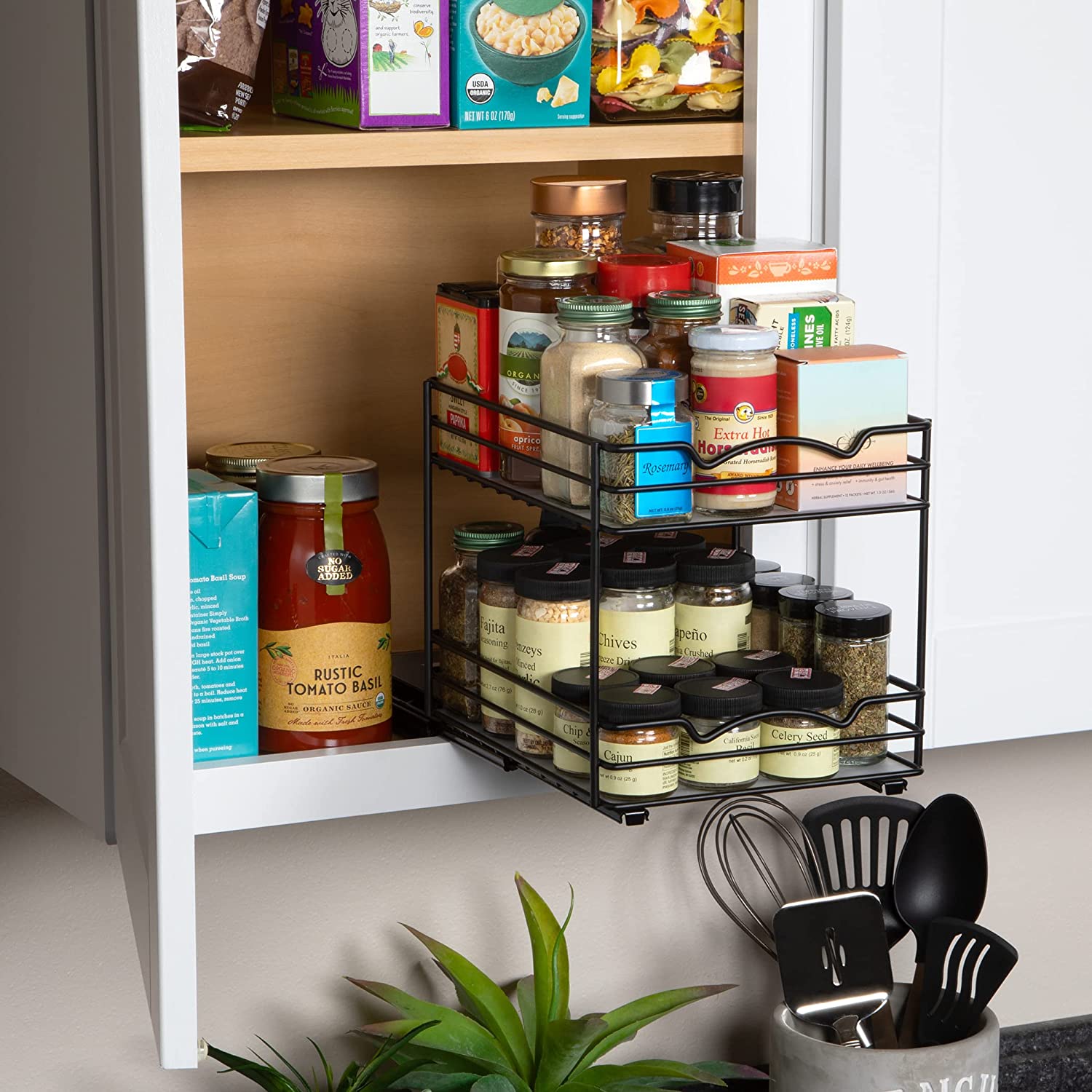 Spice Rack Organizer for Cabinet, Heavy Duty - Pull Out Spice Rack 5 Year Warranty, Black Finish