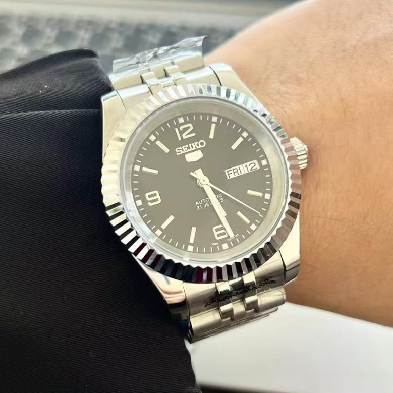 Seiko Mod Datejust Homage | Black x Silver | Fluted Bezel | Stainless –  Watch Makeup