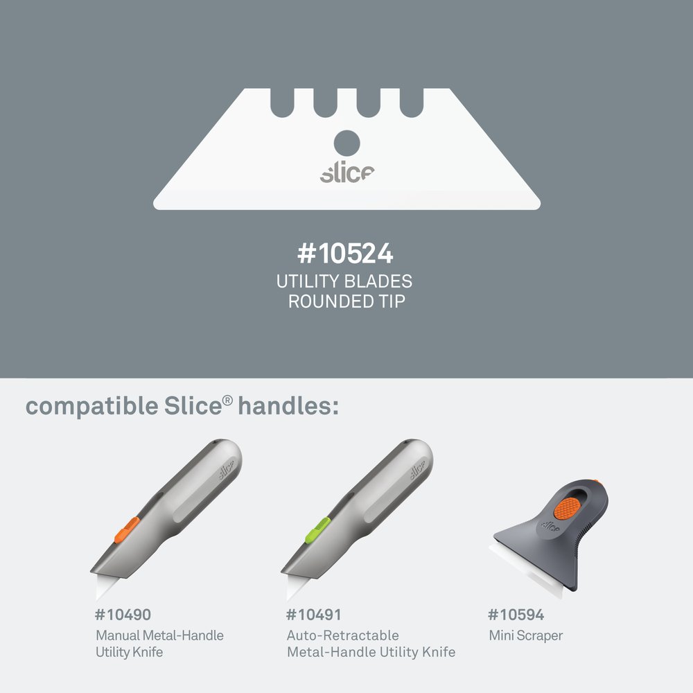 Rounded-tip 10524 blade, the compatible utility knife handles, and the mini utility scraper.