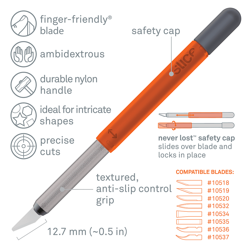 One of the Slice craft cutters, the Slice 10589 Craft Knife with Never-Lost™ safety cap. Shows tool features and compatible blades.