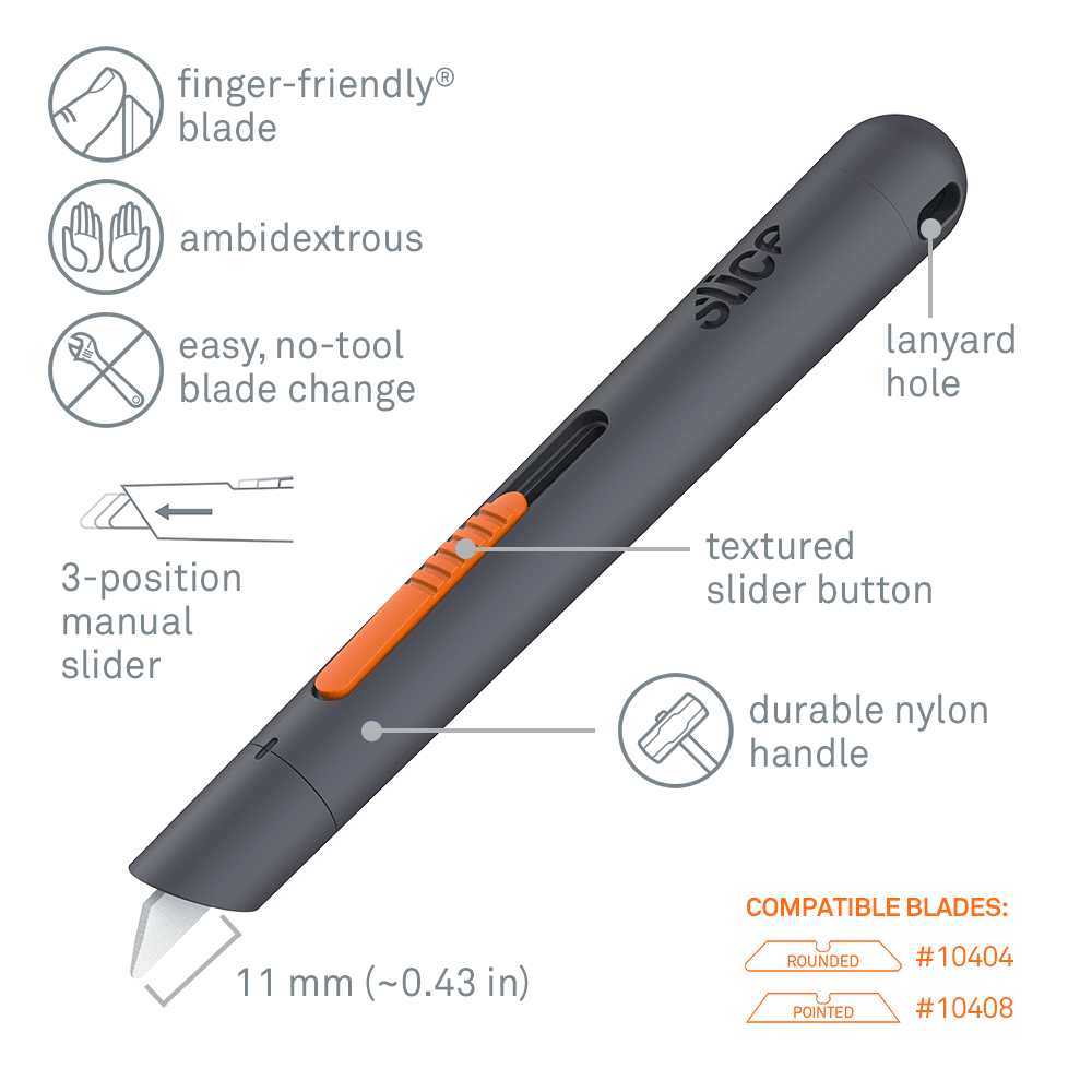 The Slice 10513 Manual Pen Cutter and its many features.