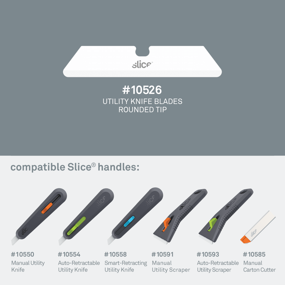 Rounded-tip 10526 blade and compatible handles, including utility knives, utility scrapers and the manual carton cutter.