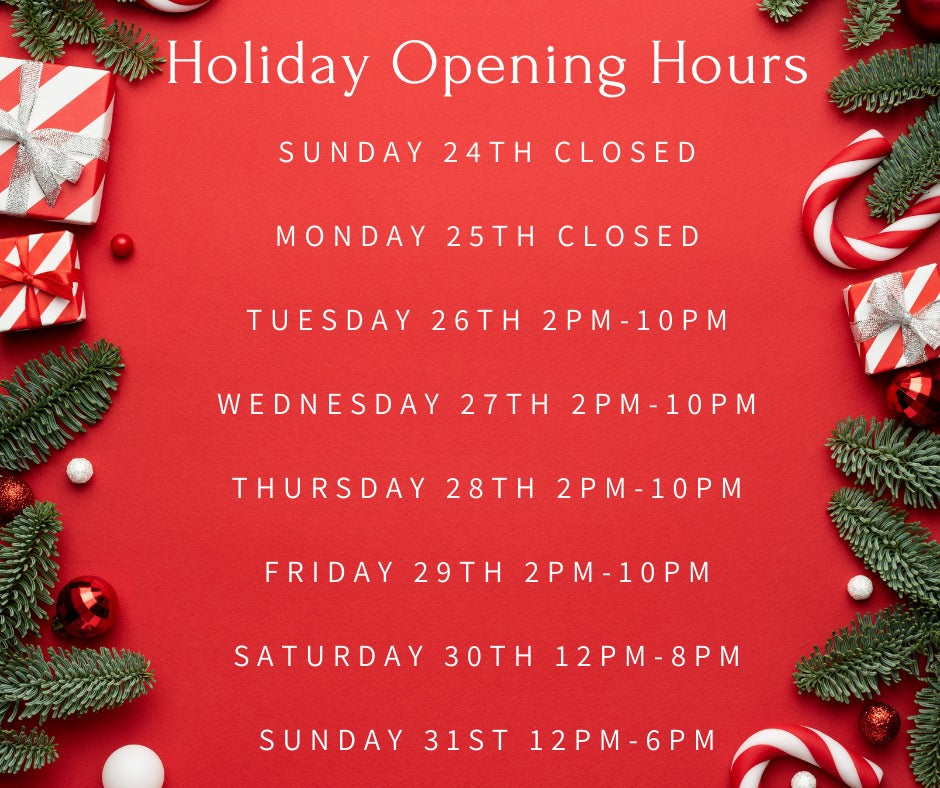 Closed 25th and 26th of December, Open 14:00 to 22:00 27th to 29th of Decemeber, Open 12:00 to 20:00 30th of December, Open 12:00 to 18:00 31st of December, Closed 1st of Jan