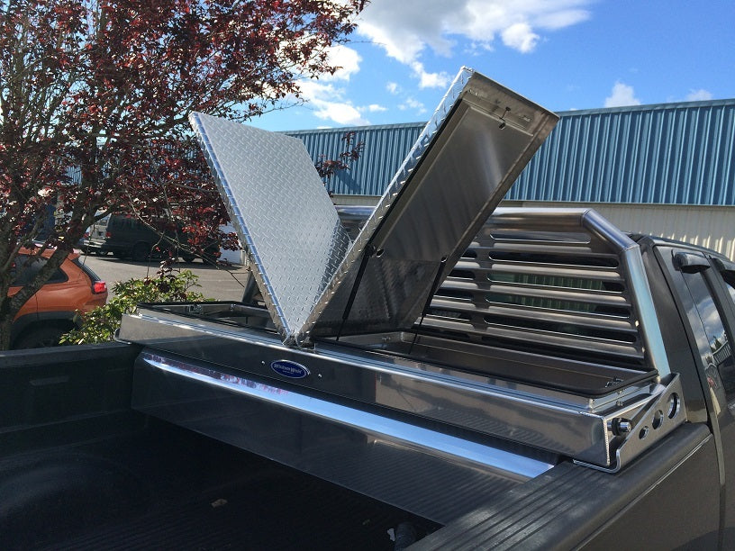 Crossbox in truckbed with a dual lid to access inside the box from two separate sides