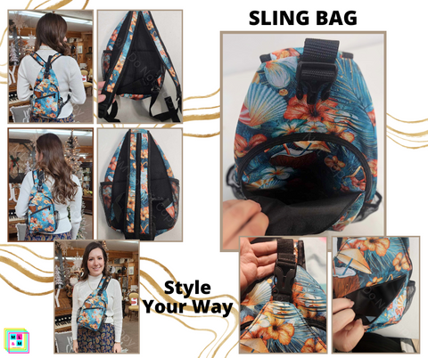 A collage of images that show a model wearing the bag in different ways as well as close up images of the bag.