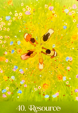 Air card pull with the number 40 and the word resource with a group of kids in a circle bowing down on a grassy field.