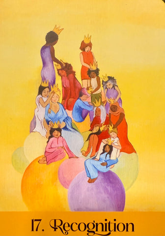 fire card pull with the number 17 and the word recognition with a group of kids gathering and placing crowns on one another.