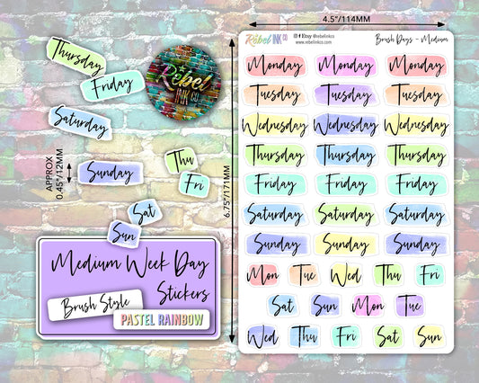 Week Day Stickers - Large - Pastel Rainbow - Brush Style – rebelinkco