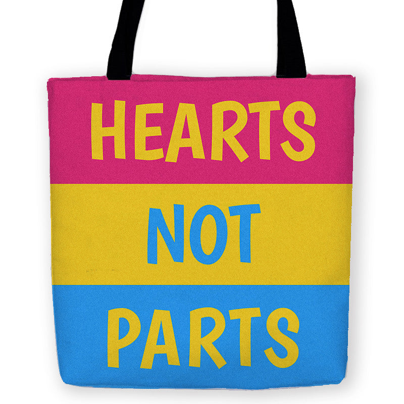 -Love Is Love. Loud and proud "Hearts Not Parts" carryall tote bag. This colorful accessory is made to be seen and its message of LGBTQIA and gender equality heard, the text in high contrast on pansexual pink, yellow and blue striped pride flag. High quality, polyester tote bag. Durable and machine washable. -