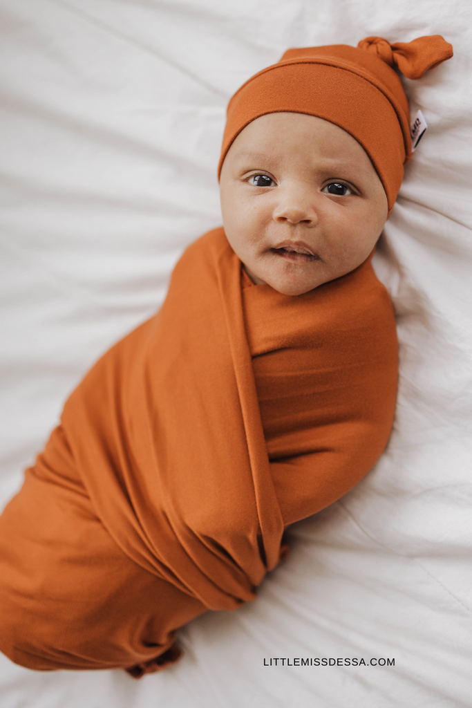 Burnt Sienna Baby Top Knot Hat & Baby Swaddle Blanket - Fall Baby Clothes