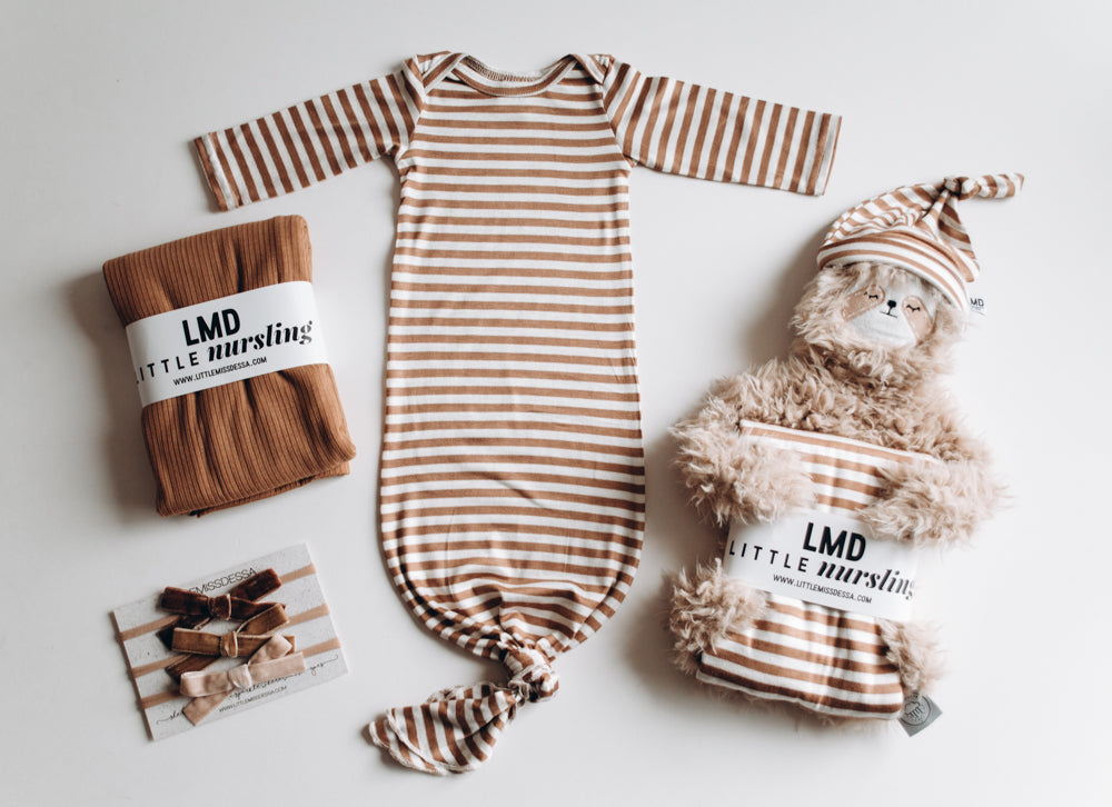 Knotted baby gown in Camel Stripe