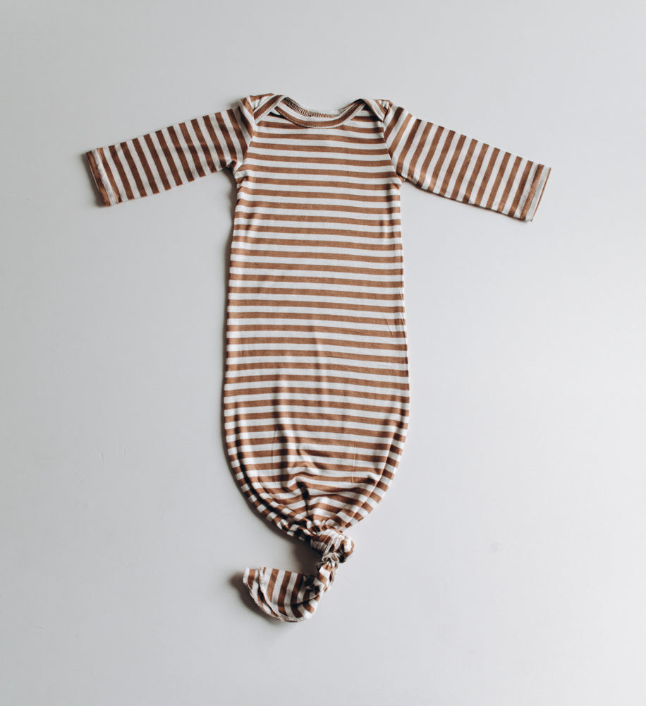 knotted baby gowns & sleeper in gender neutral camel stripe