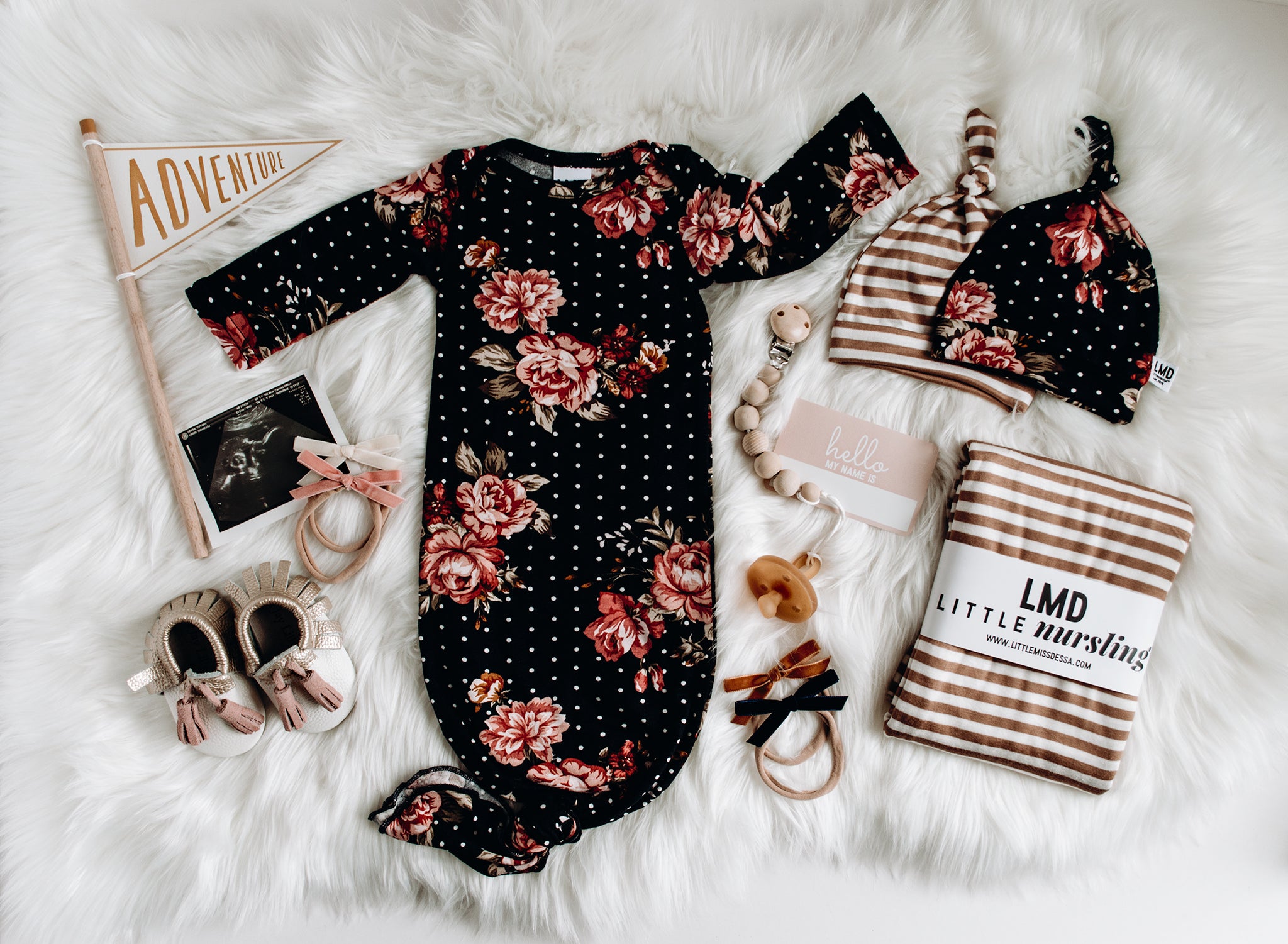 knotted baby gown sleeper in floral dot print-- littmissdessa