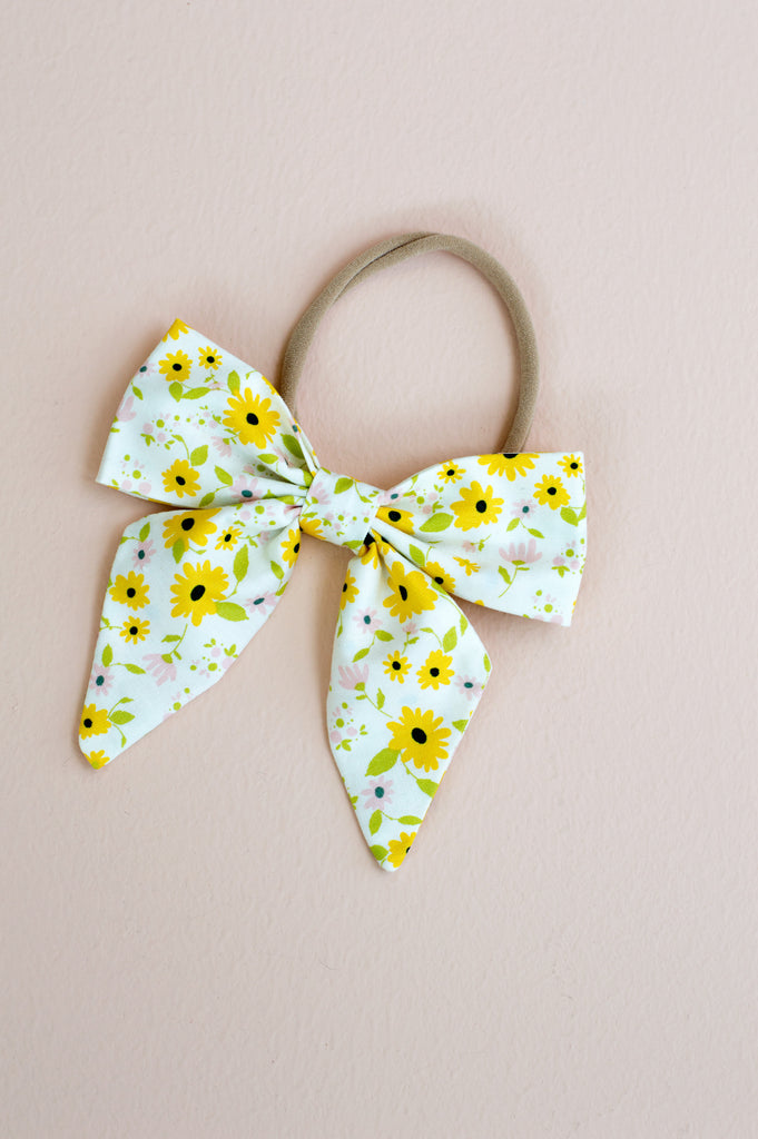 littlemissdessa sunflower hair bow for newborns, babies, toddlers, and little girls