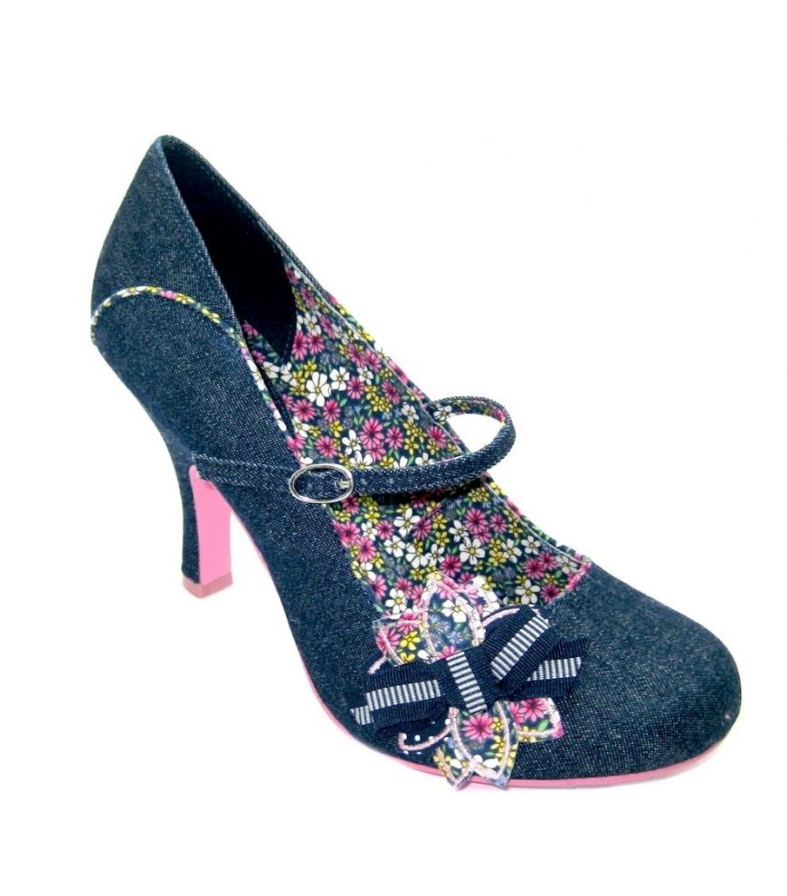 ruby shoo denim mary jane bardot shoe with a floral lining