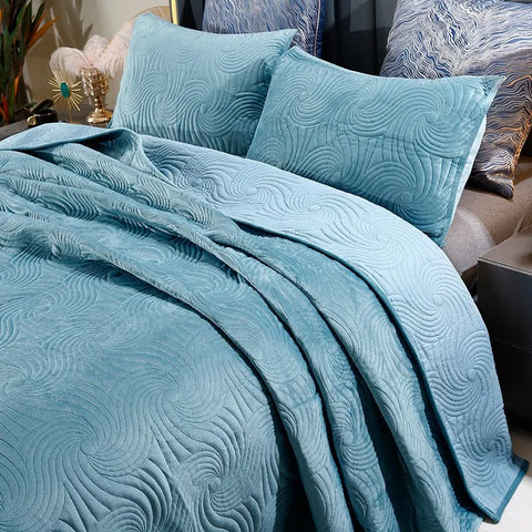 Boho Waves Quilted Velvet Coverlet Set - Close View