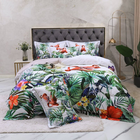 Flamingo Jungle Bedding Set on a bed