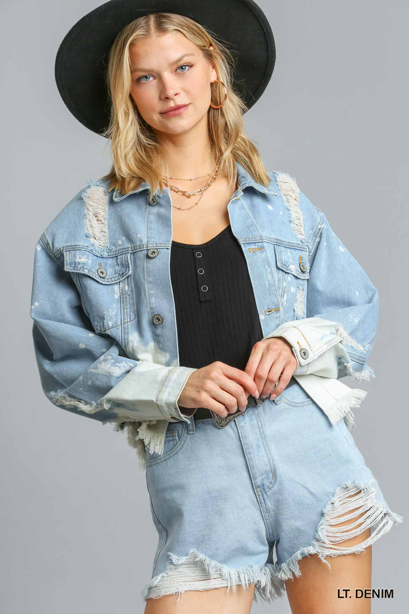 Collar Button Down Dip Dye Denim Jacket with Chest Pockets and Unfinished Hem