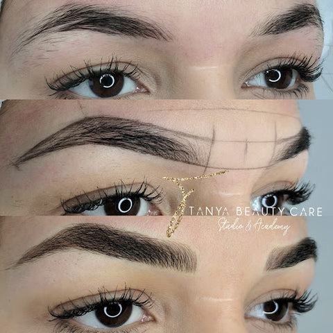 Microblading process includes carefully measuring and mapping out the brows before tattooing