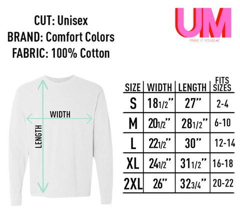 UM Size Chart Comfort Colors Tee