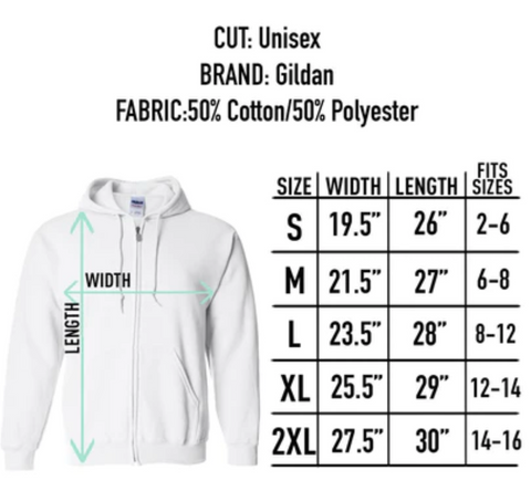 Full Zip Sweatshirt Size Chart