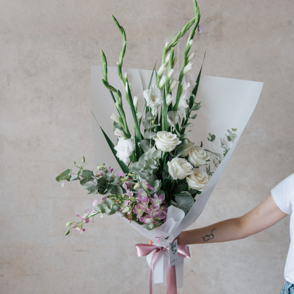 Beija Flor Bouquet of Roses, Singapore orchids, and Gladioli