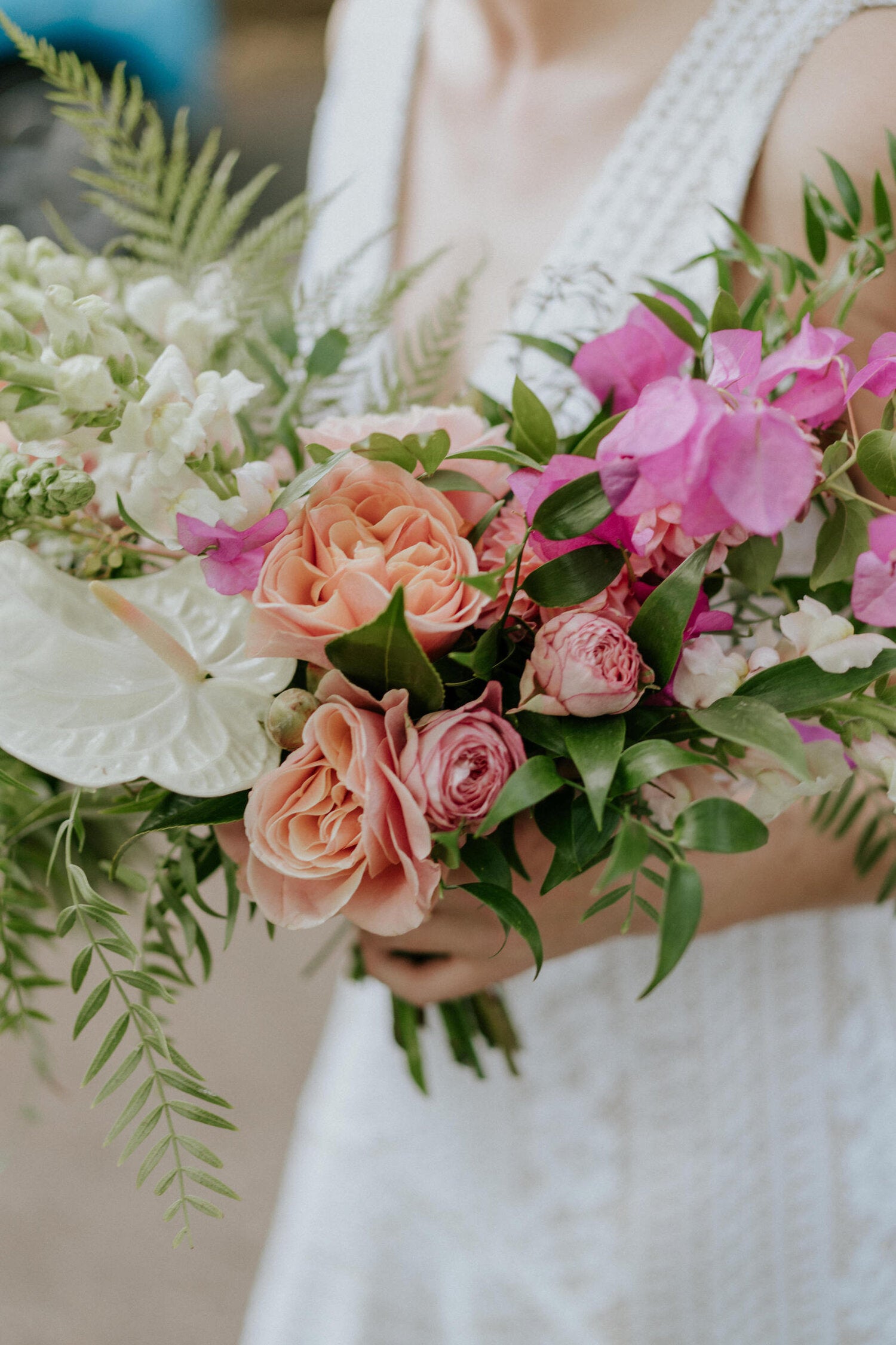 Beija Flor tropical brides bouquet with bougainvillea and anthuriums, photo by James Day