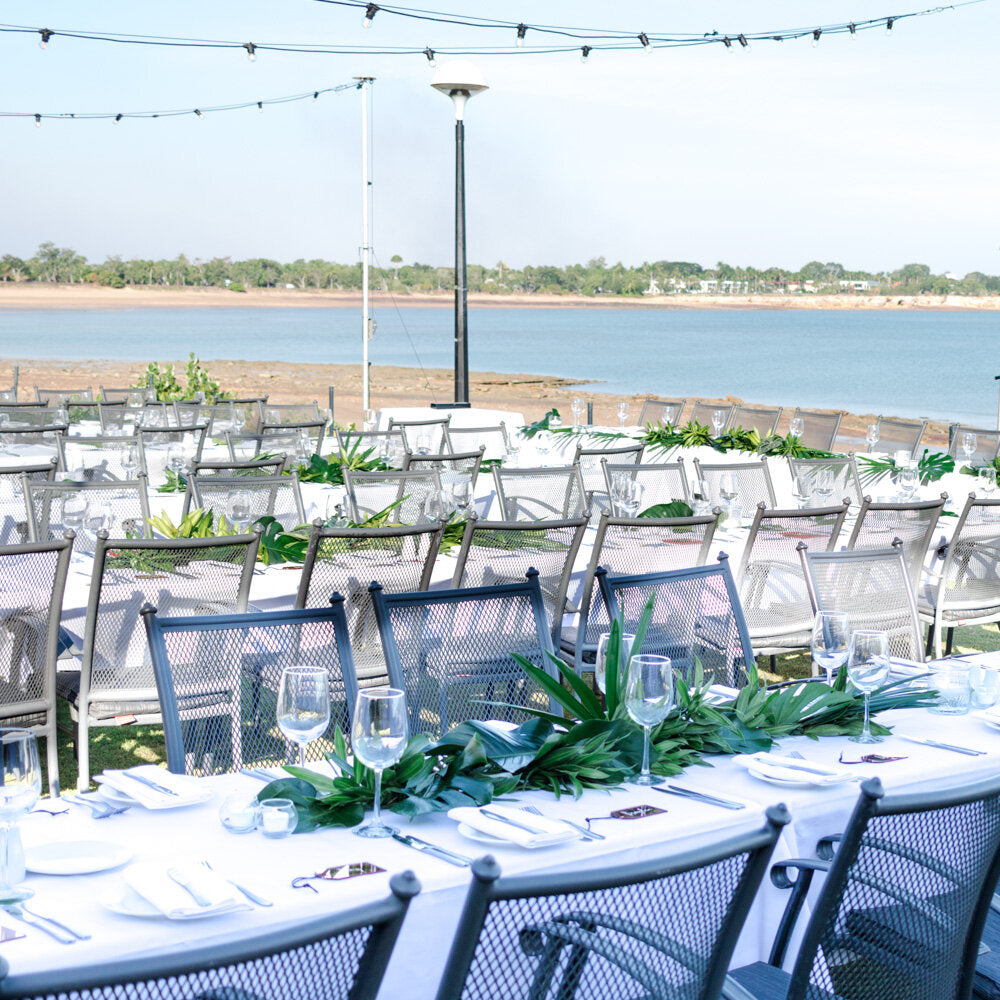 a long table set up for the wedding reception arranged by beija flor