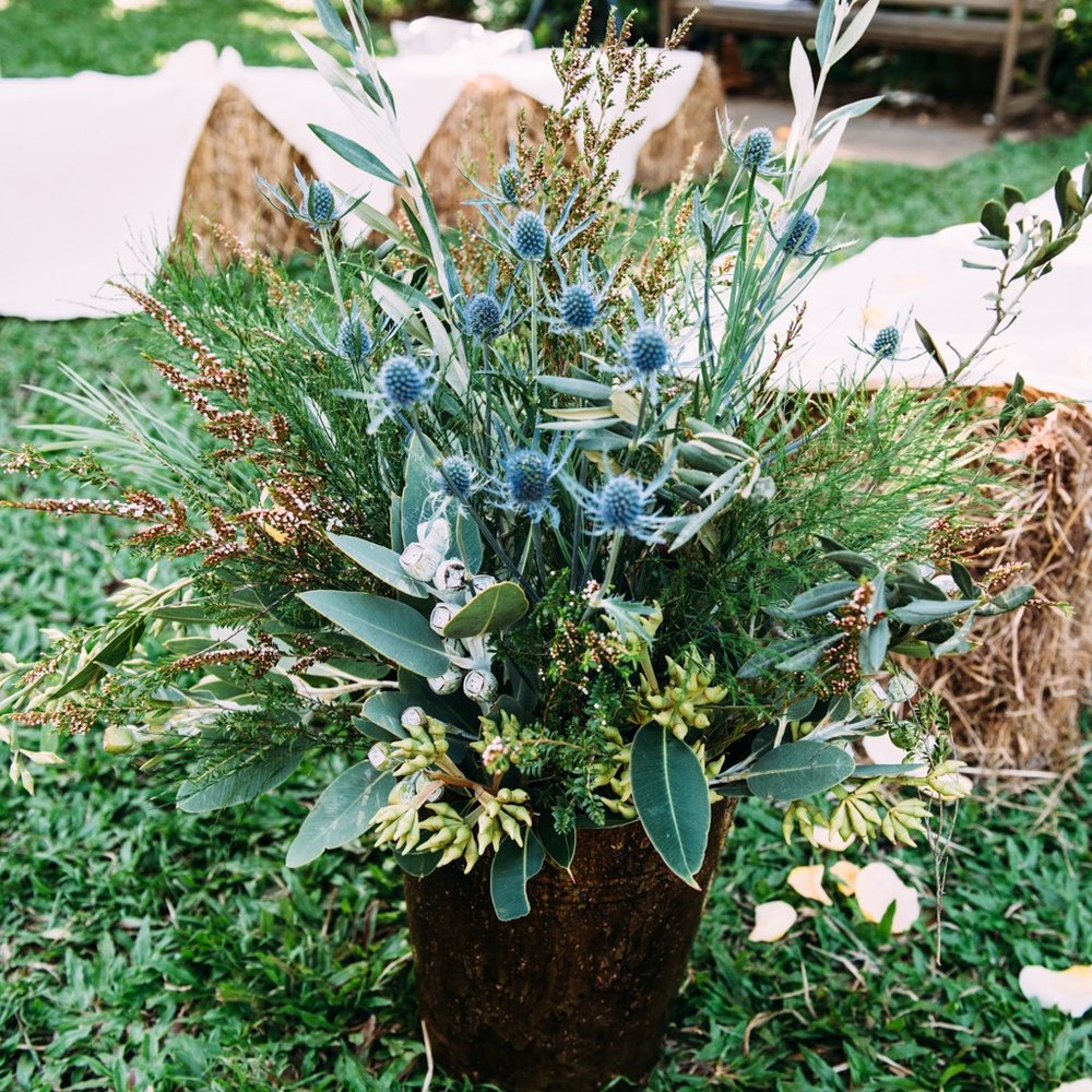 rusty pails filled with eucalyptus and sea holly line the aisle of this laid-back wedding