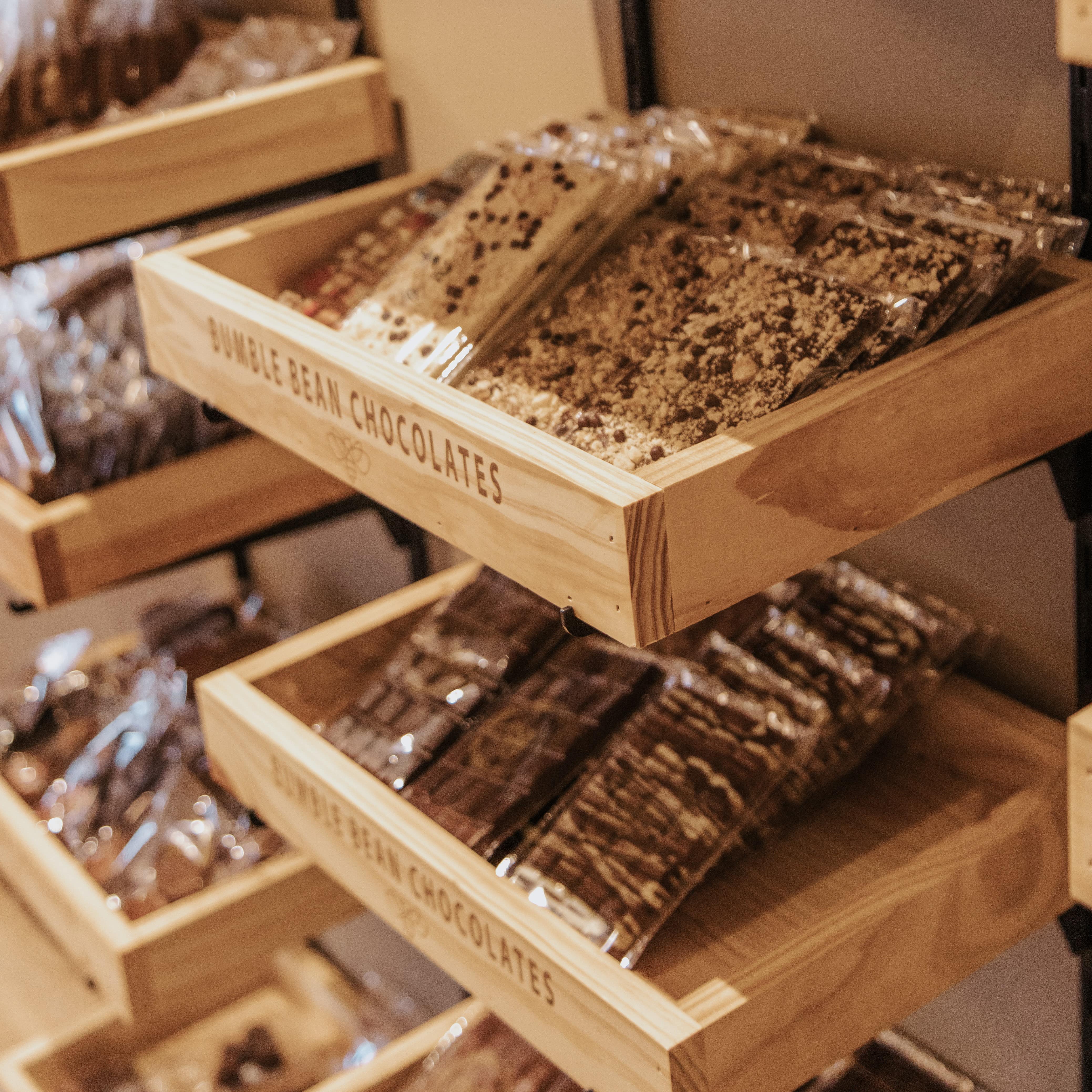 display case filled with brumble bean chocolates