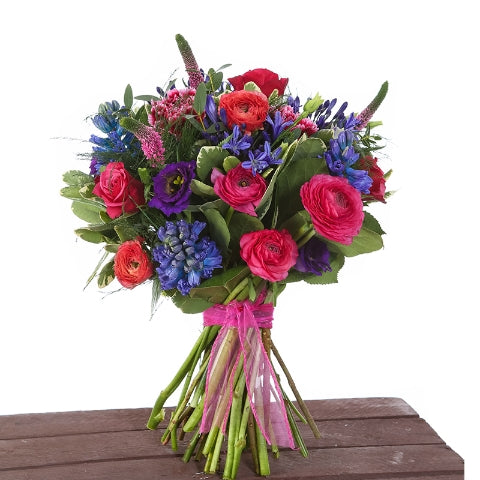 Hand tied bouquet of British spring flowers at The Perfumed Garden, local Leeds florist.