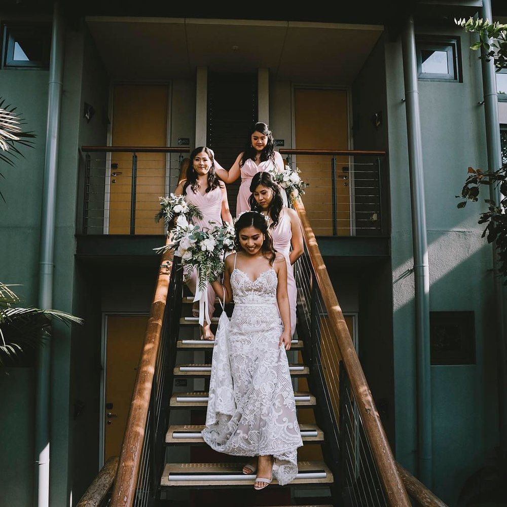 bride and bridesmaids leave Mindel Beach Casino for the wedding