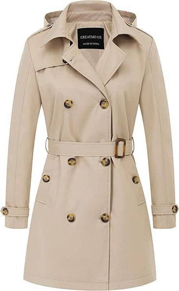 CREATMO US Women's Trench Coat Double-Breasted Classic Lapel Overcoat Belted Slim Outerwear Coat with Detachable Hood