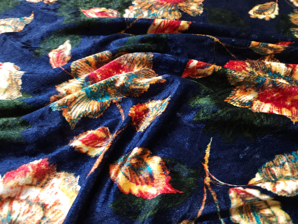 Blue Floral Print Stretch Crushed Velvet Fabric