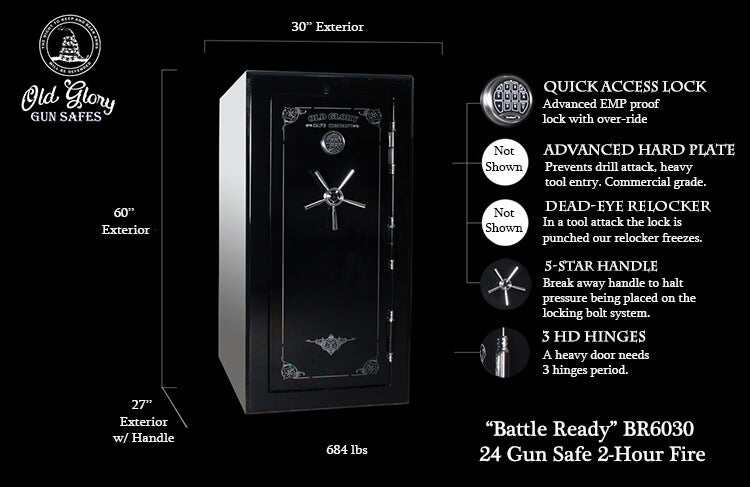 60 inch tall by 30 inch wide Old Glory Battle Ready gun safe tactical infographic