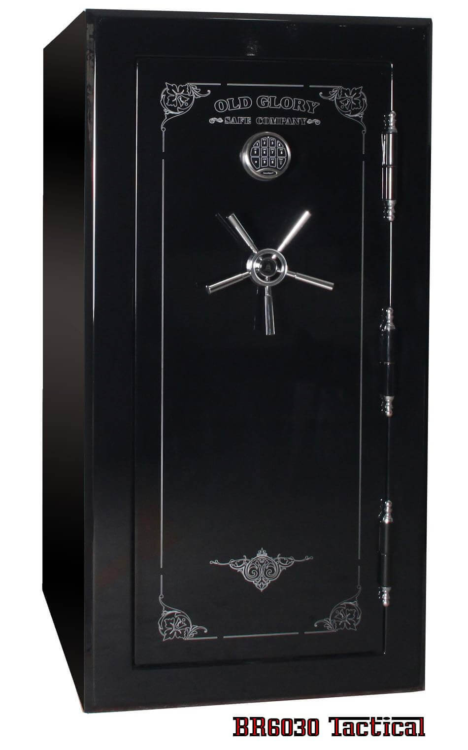 60 inch tall by 30 inch wide Old Glory Battle Ready tactical gun safe locked in gloss black