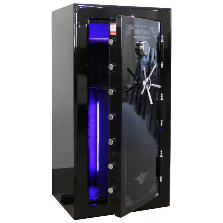 60 inch tall by 30 inch wide Old Glory Battle Ready gun safe unlocked in high gloss black with blue LED lighting