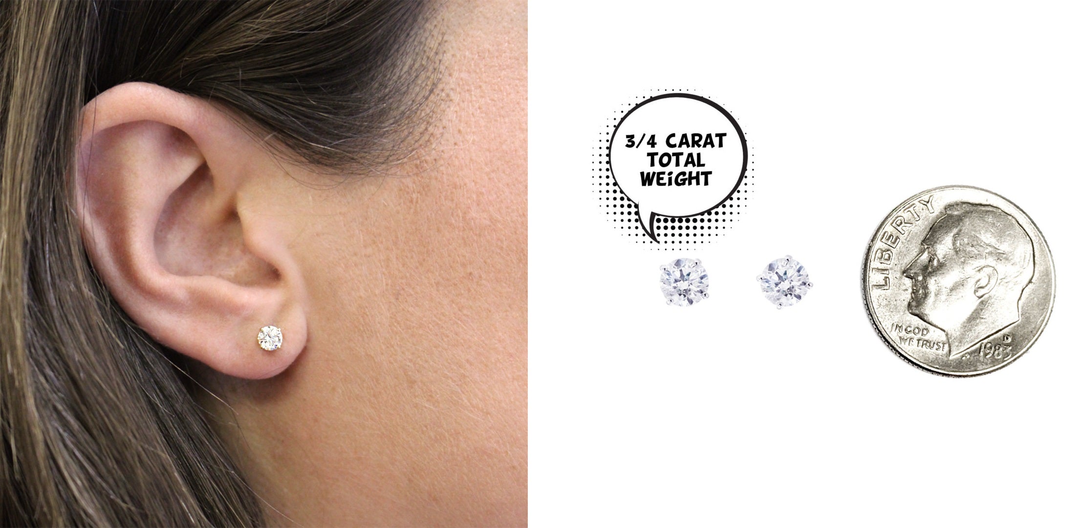3/4 carat diamond studs compared to ear.