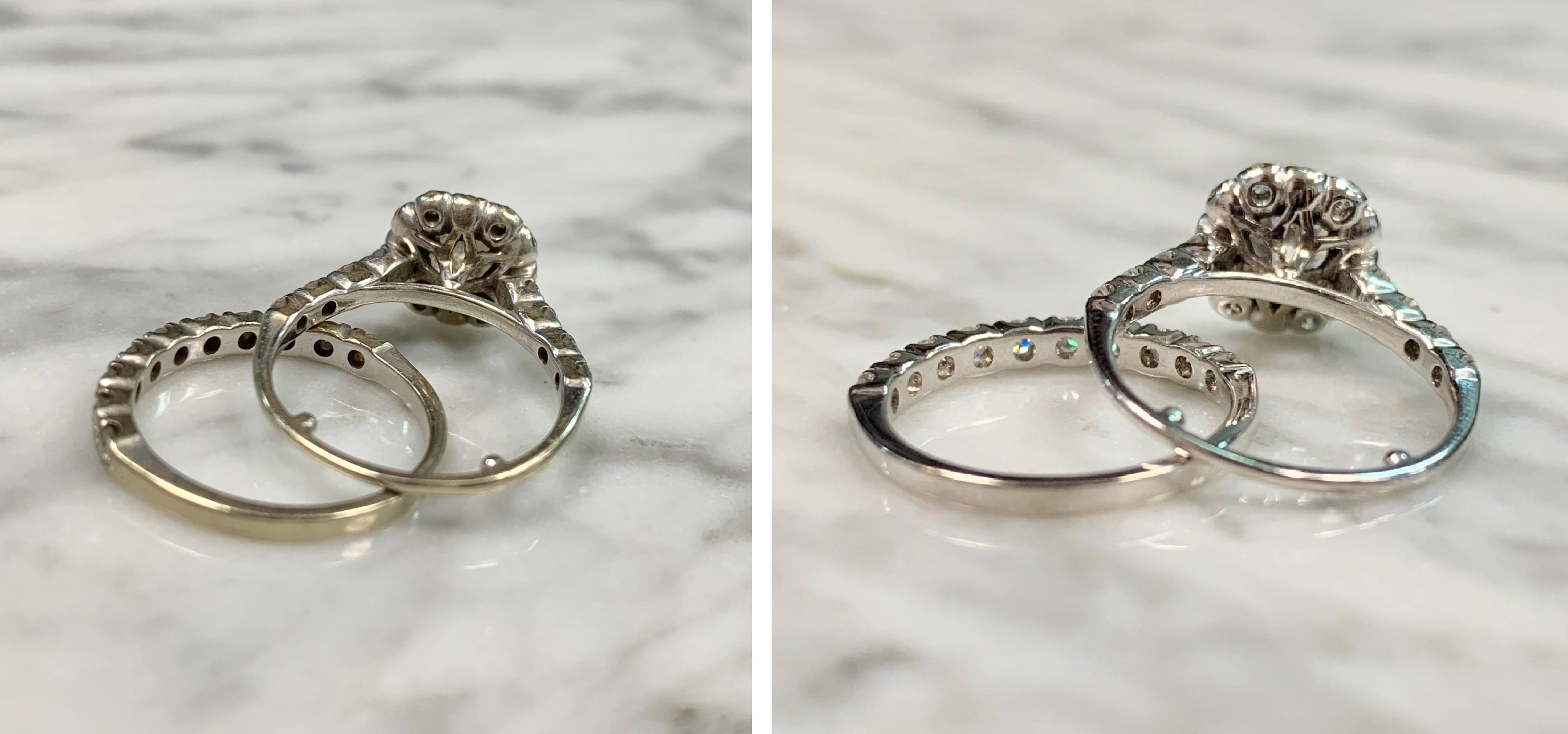The before and after polish and rhodium of a wedding ring set