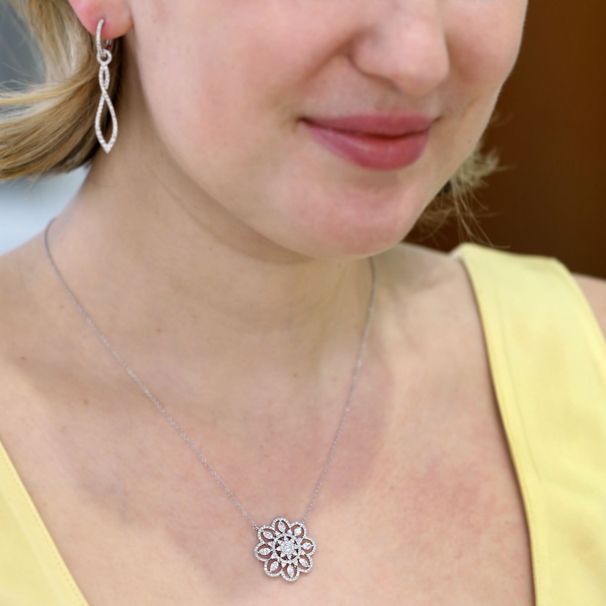 Woman wearing Diamond Flower Necklace